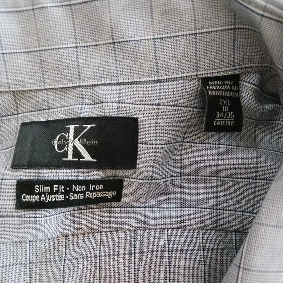 Calvin Klein Men's Dress Shirt Sz 2X White with Blue Plaid Long Sleeve Slim Fit - Picture 4 of 8